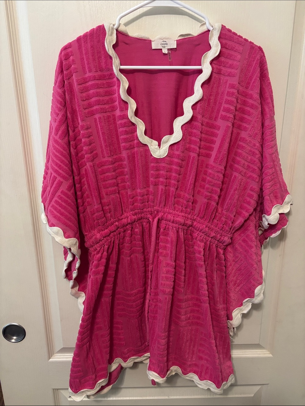 Entro Hot Pink Terry Cloth V-Neck Swim Suit Coverup with Cream Ric Rack Trim